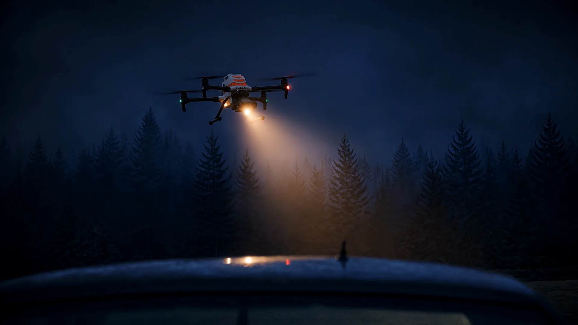 A rescue drone hovers over dark pines before dawn, its floodlight cutting through mist toward a wrecked car.