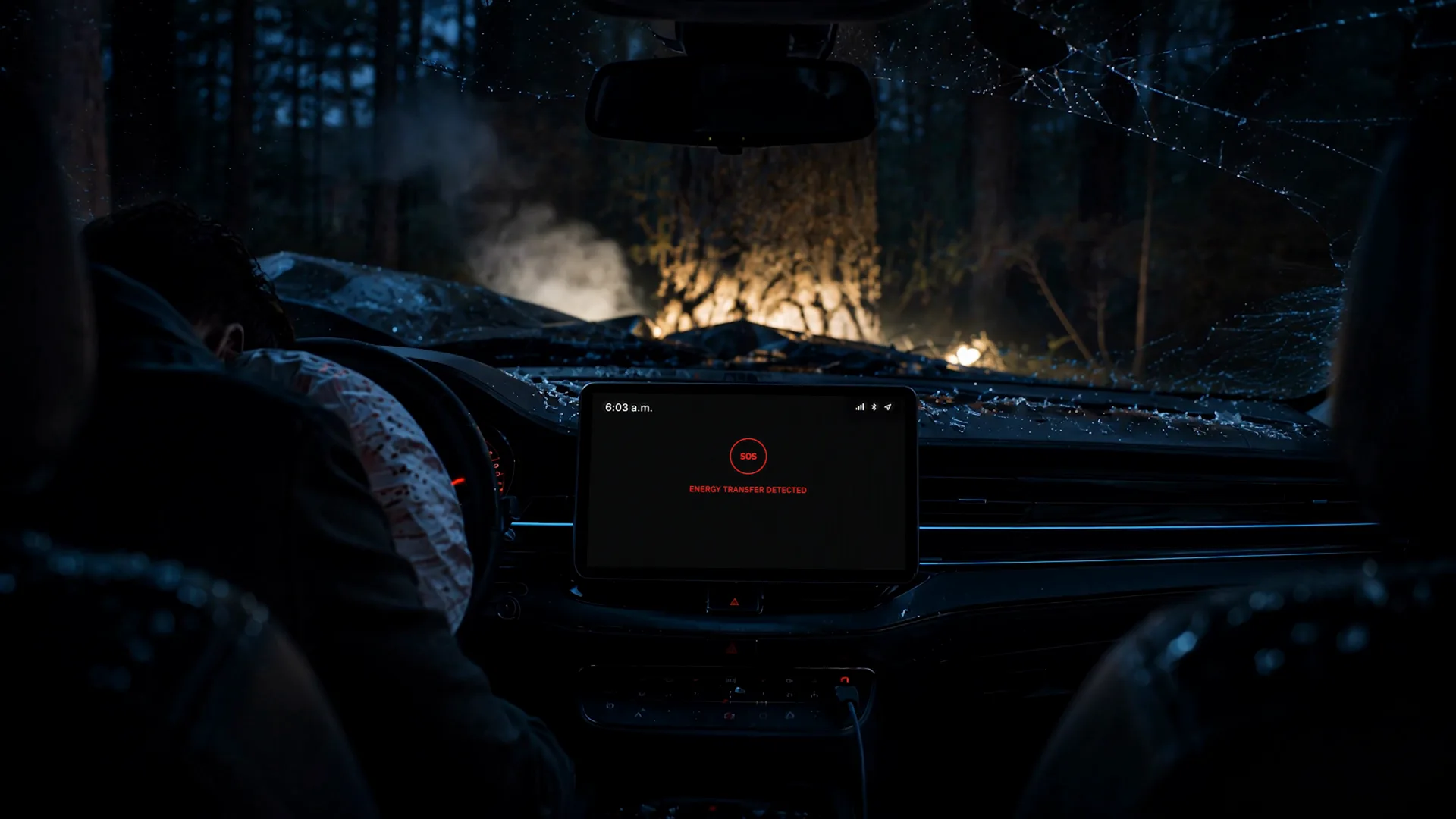 The finished shot: the same interior, the center screen now showing a red crash alert reading ENERGY TRANSFER DETECTED, SENDING KINEMATICS.