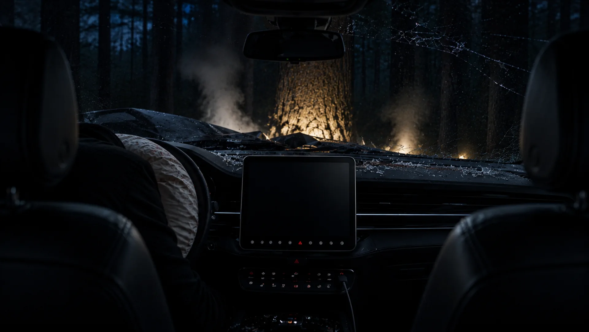 The generated plate: the wrecked car's interior from the back seat, airbag deflated, glass across the dash, the center screen dark and blank.