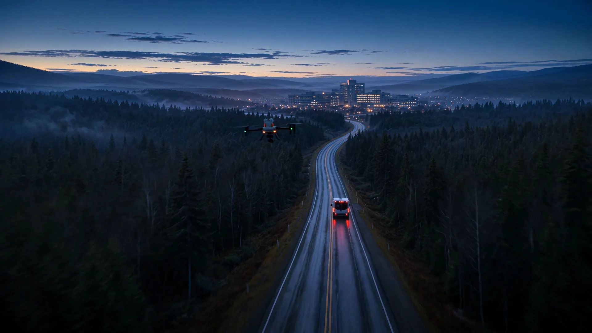 Aerial: the ambulance and the drone run the last miles toward the lit hospital under the first band of dawn.