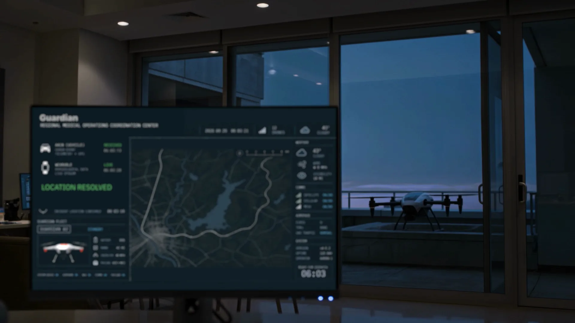 A console screen inside the coordination center, and through the window behind it a drone lifting from a rooftop pad.