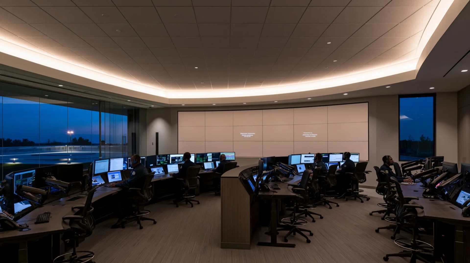 An early look for the coordination center: a large two-tier operations floor with a video wall and a dozen operators.