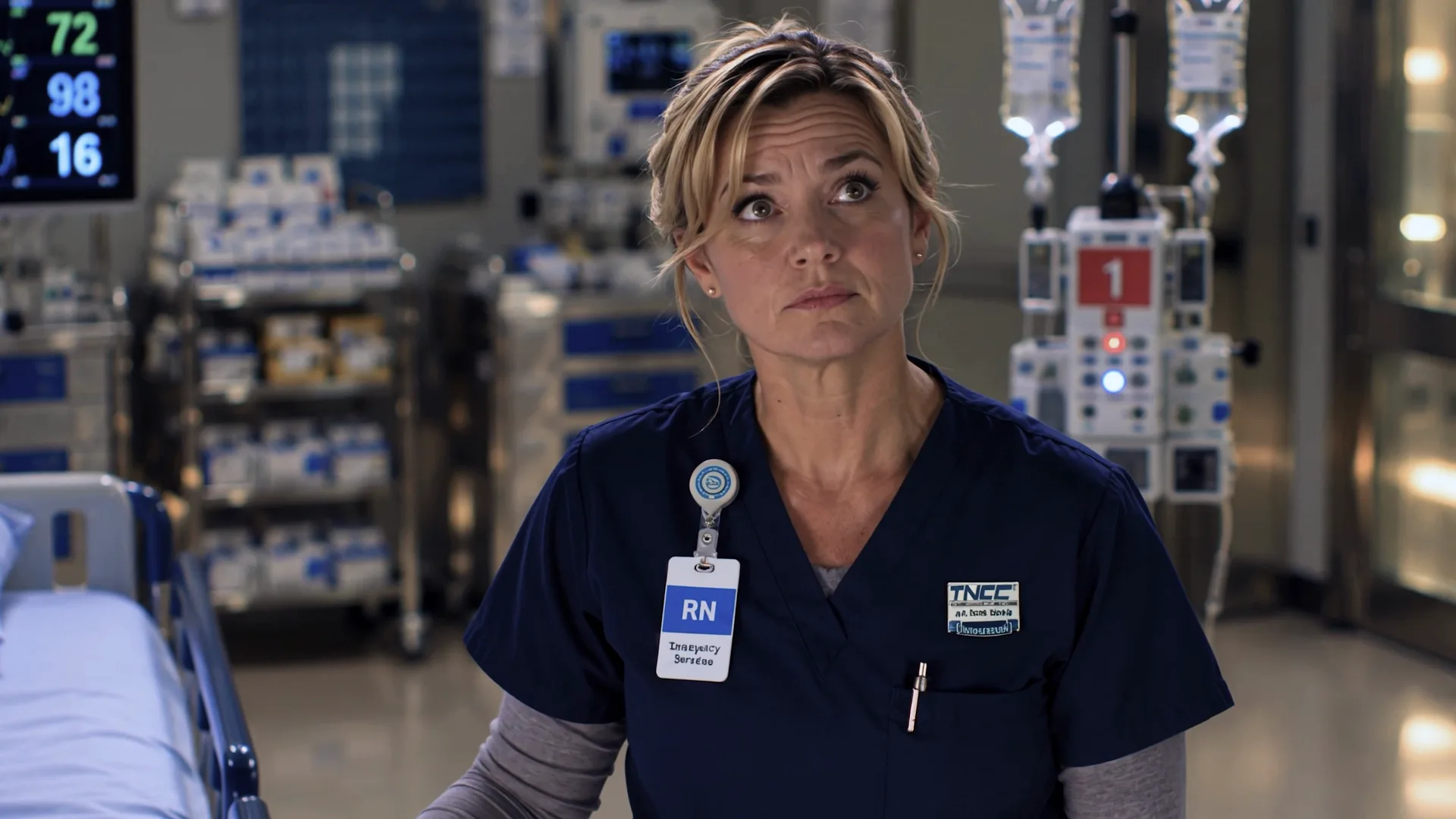 A nurse in navy scrubs looks up from her station in the trauma room.