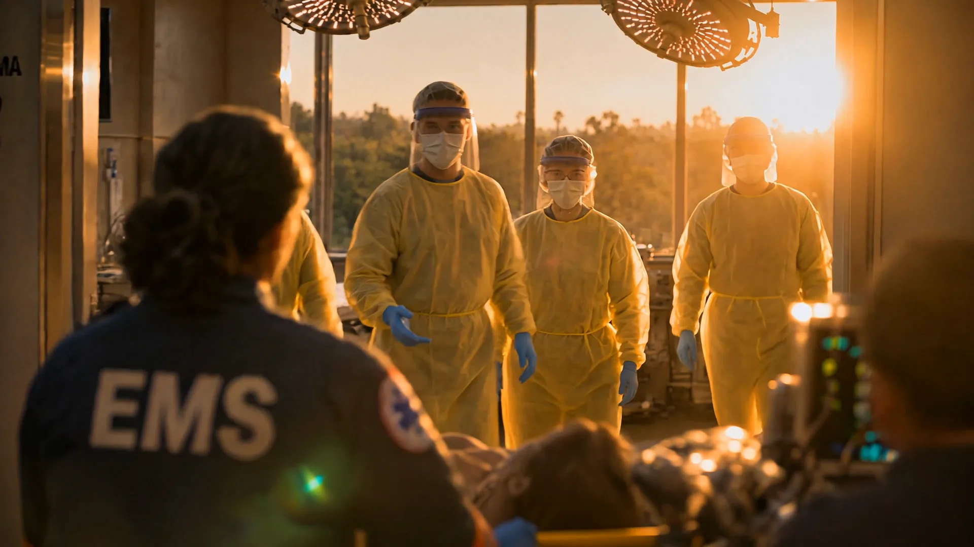 From the doorway, over the shoulders of the EMS crew: the trauma team turned toward the camera, dawn light through the windows behind them.