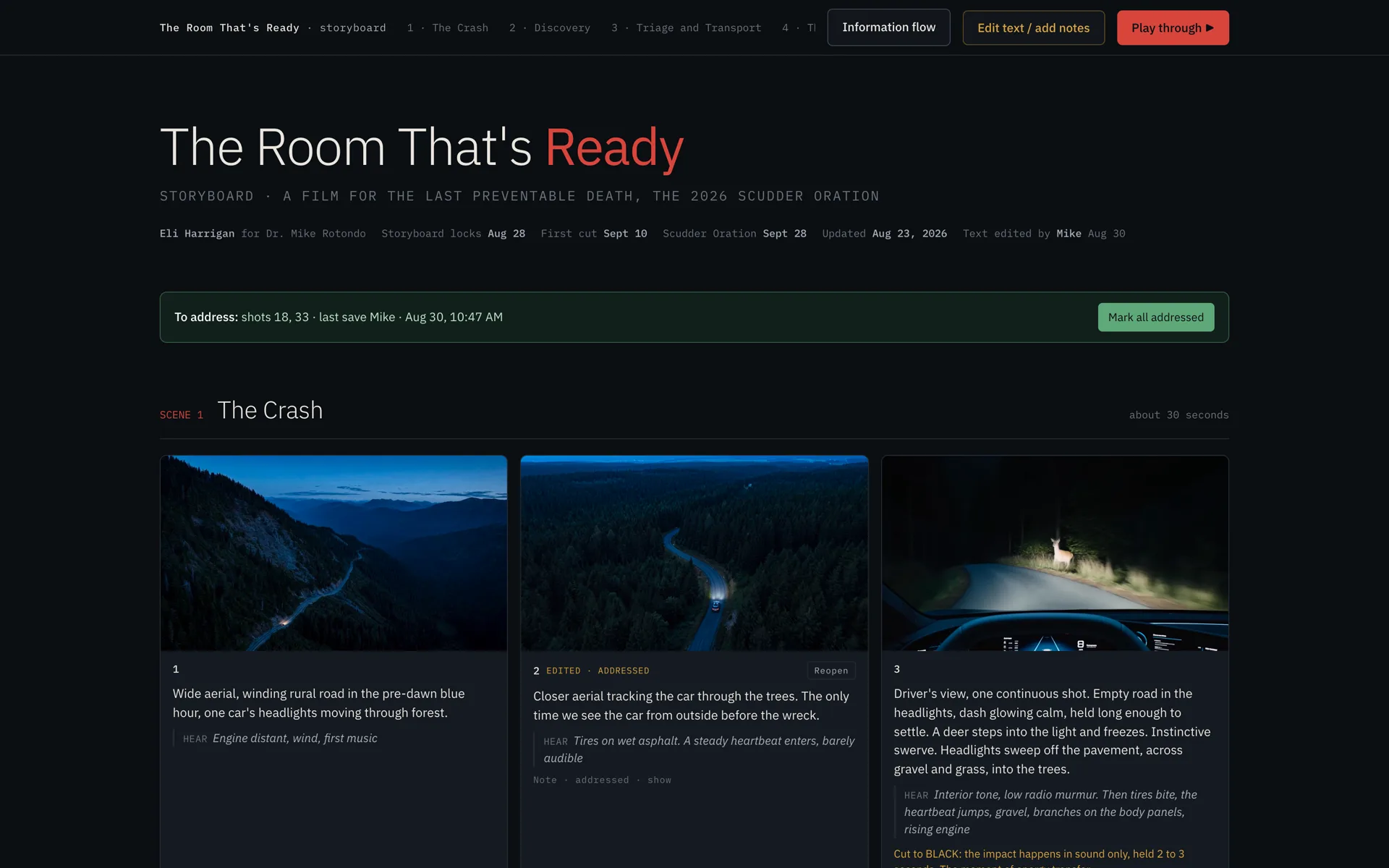 The storyboard website: the title The Room That's Ready, a banner listing shots to address with the client's last save, and the first three shots of Scene 1 with their frames and captions.