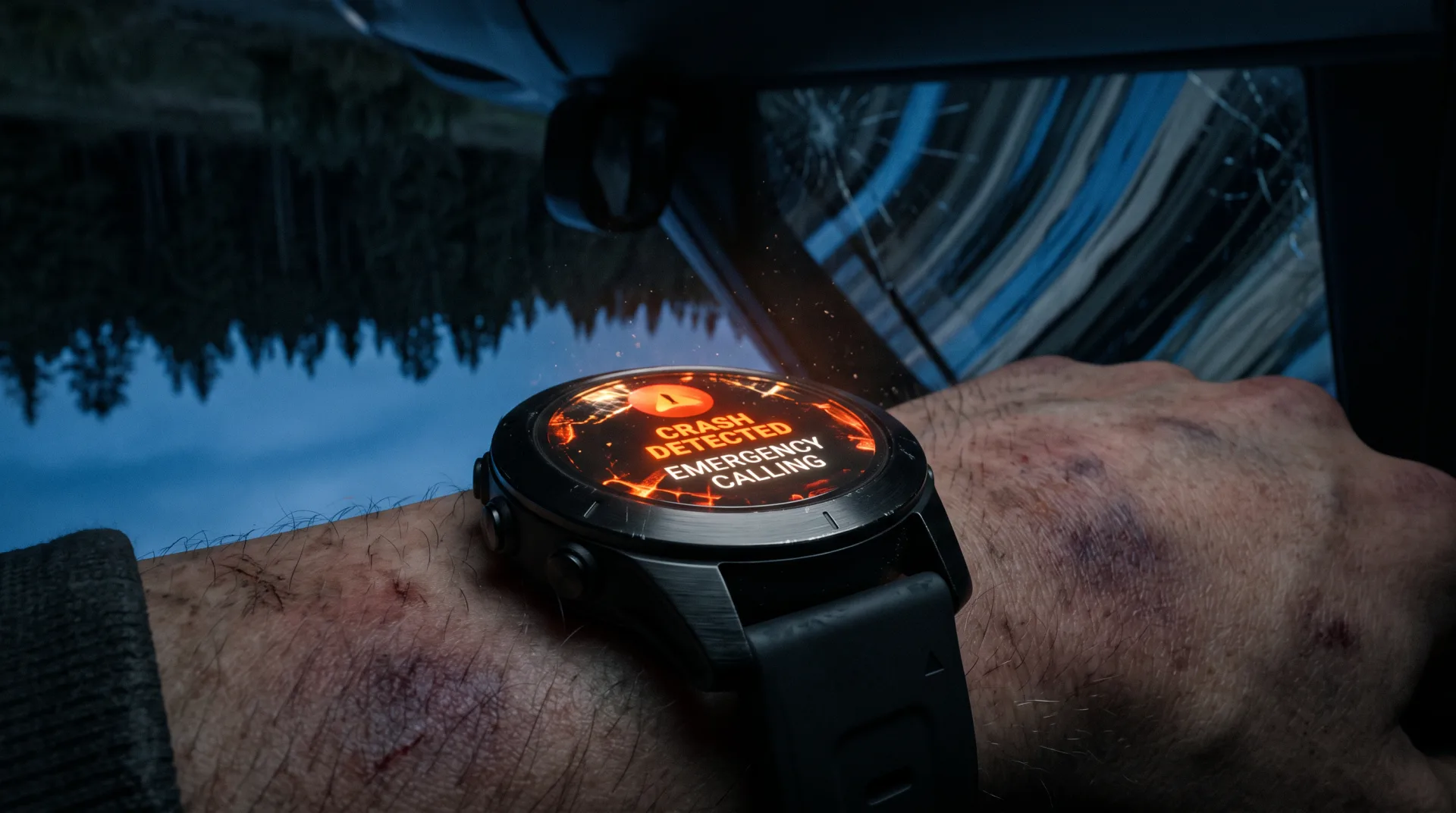 An early frame: a bruised wrist and a smartwatch filling the frame with a cracked screen reading CRASH DETECTED, EMERGENCY CALLING.