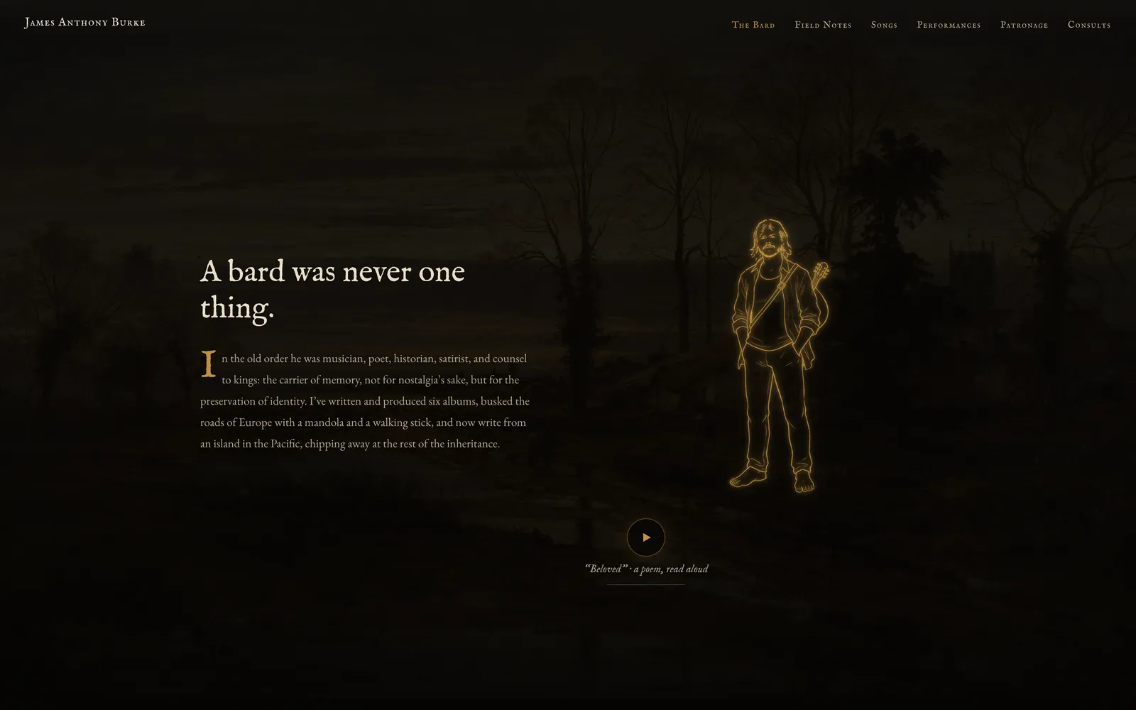 The roadside: a candle-glow line drawing of James beside his introduction