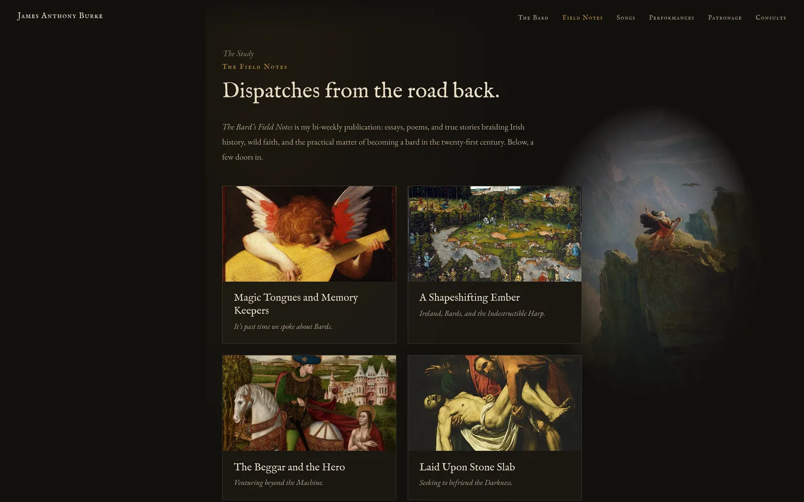 The Field Notes: dispatches from the road back, beside an old painting of a bard on a cliff, lit like a spotlight