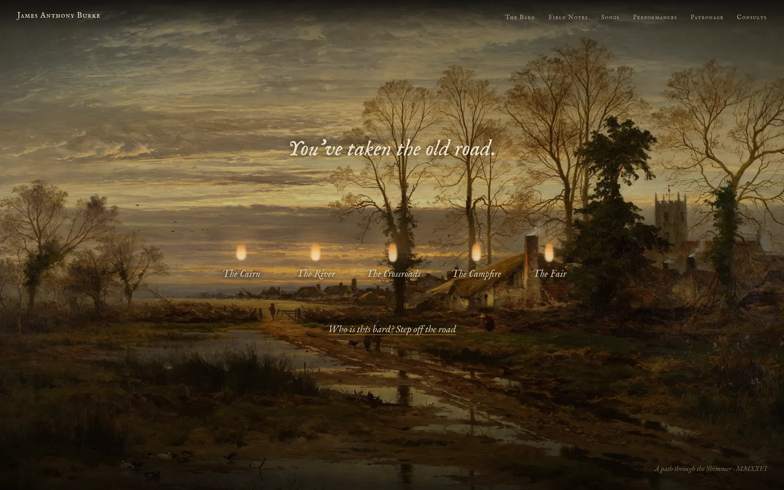 The old road at dusk, an old painting with five waypoint flames burning along it