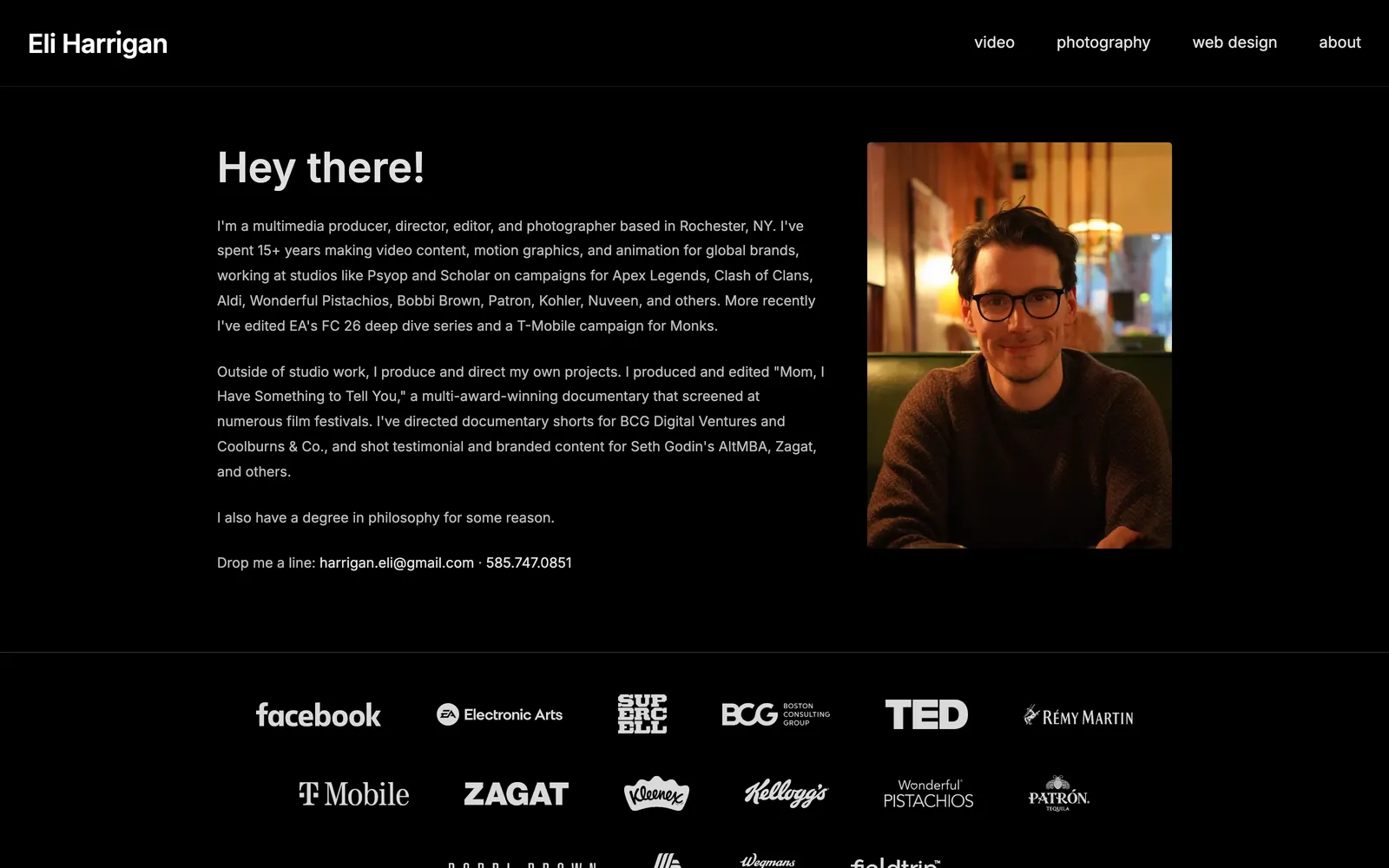 The about page: a short bio beside a photo, over a wall of brand logos