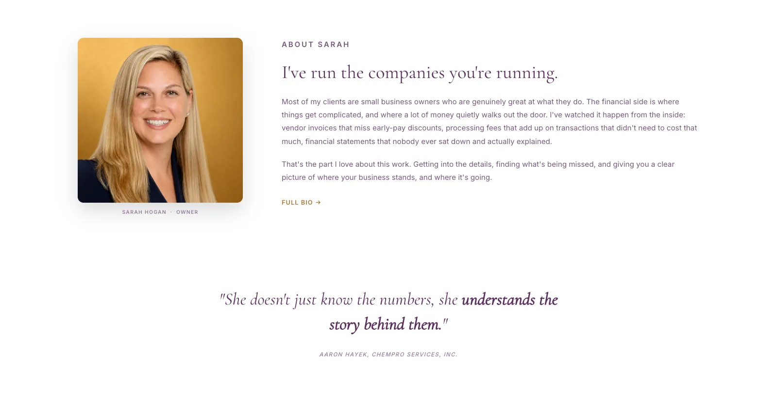 The About Sarah section: her photo beside the line I've run the companies you're running, with a client quote below
