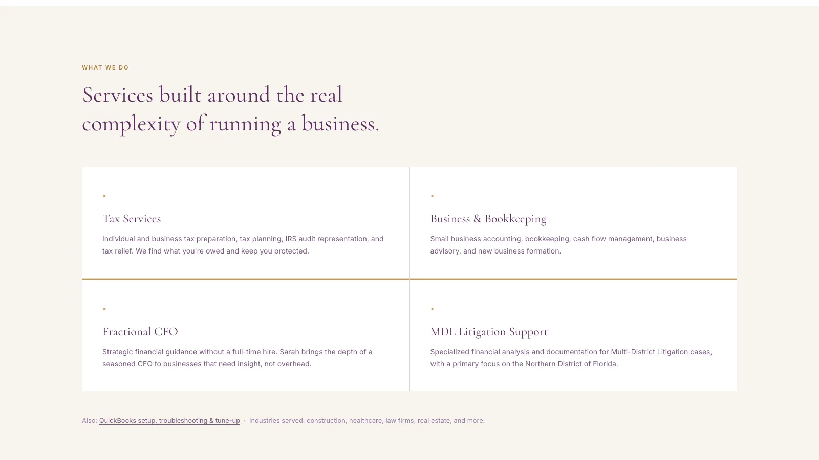 The services section: tax services, business and bookkeeping, fractional CFO, and MDL litigation support