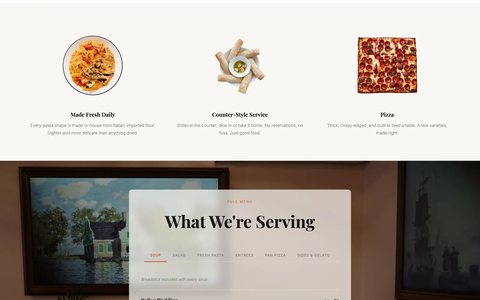 Roma's three dishes in a row above the top of the on-page menu