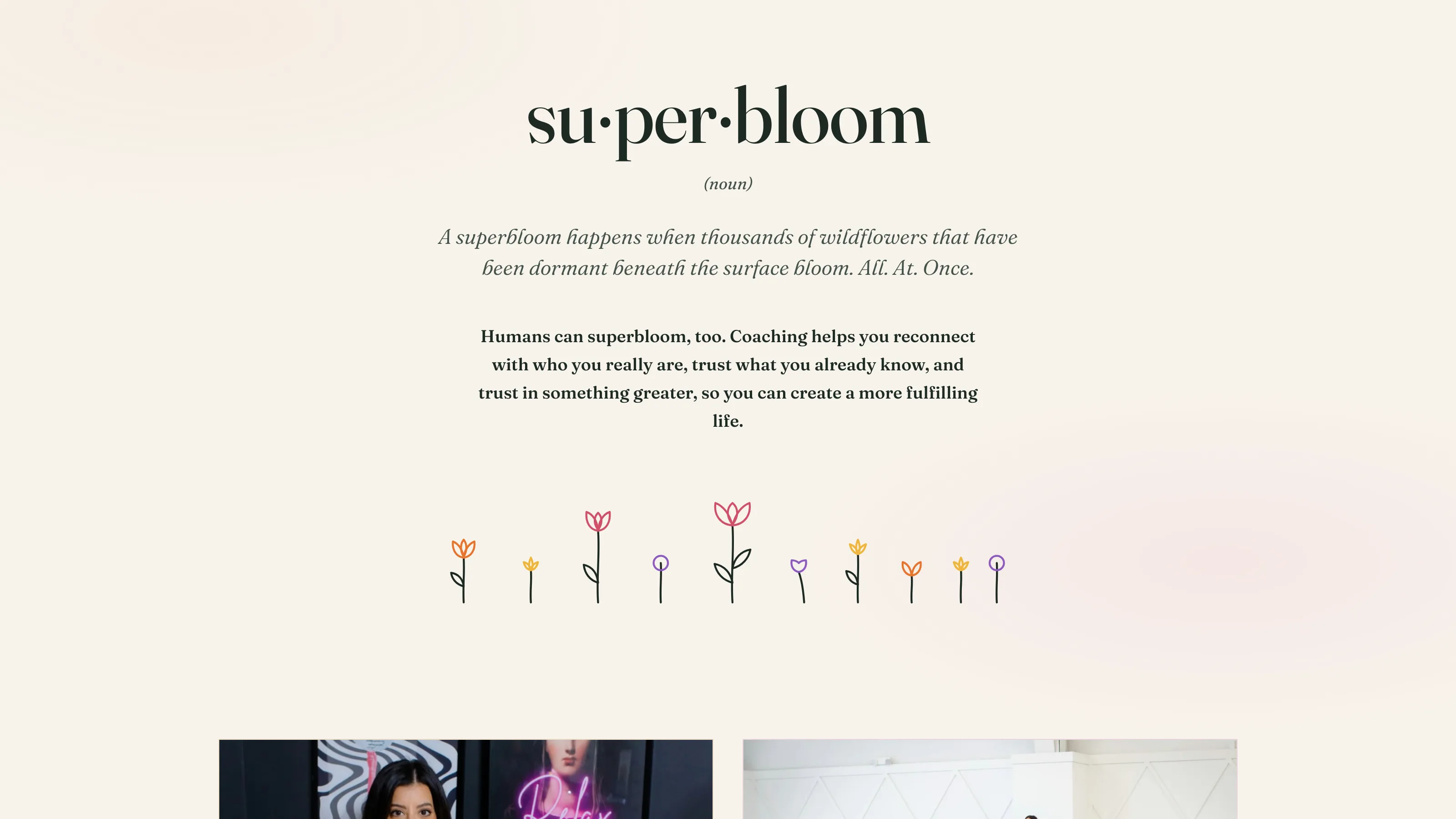 The definition section: the word superbloom broken into syllables like a dictionary entry, with a row of hand-drawn wildflowers growing along the baseline
