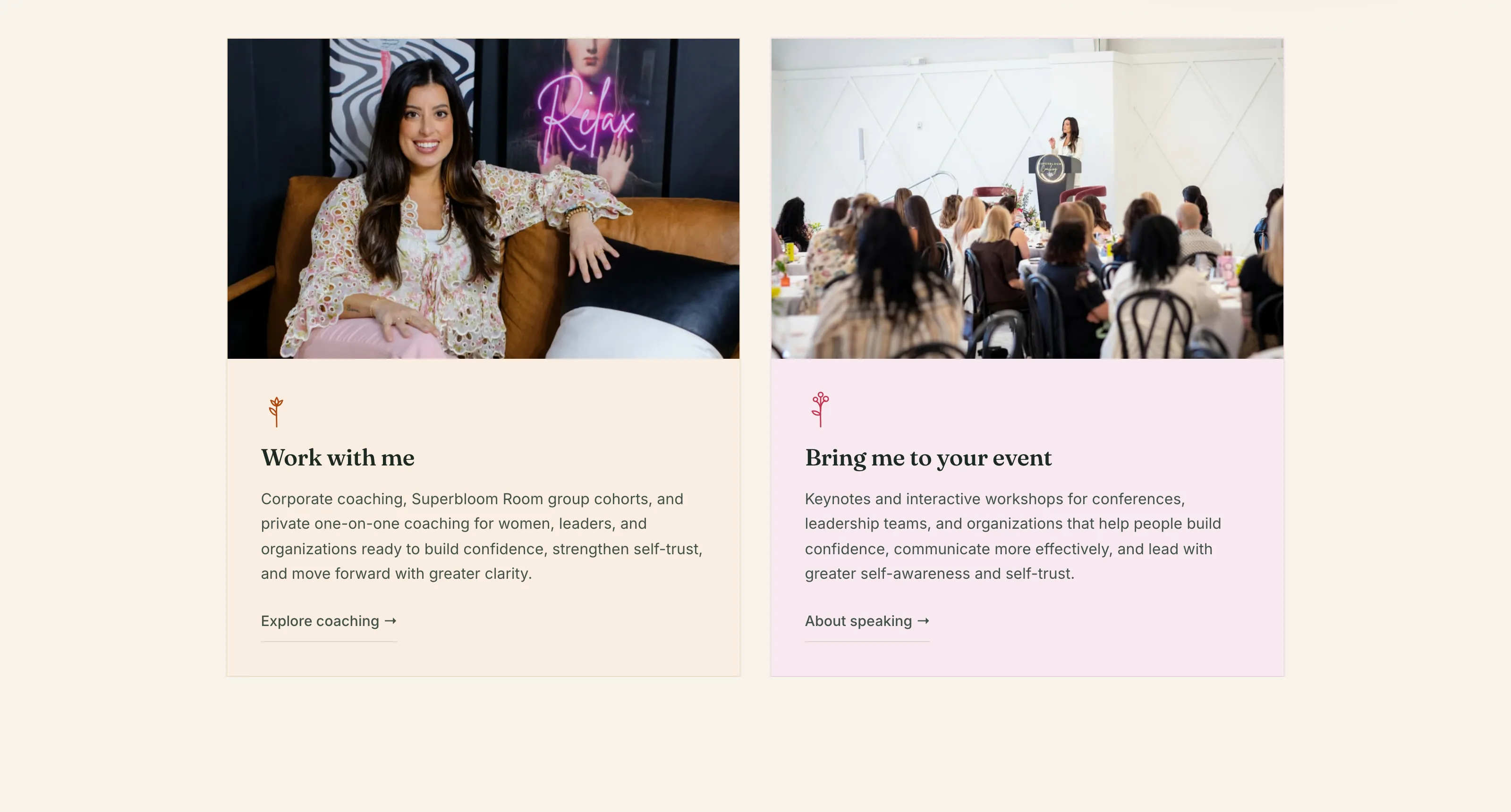 The two doors on the homepage: work with me and bring me in to speak, each a full photograph of Alana