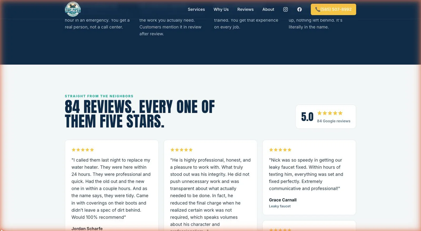 The reviews section: five-star Google reviews from real Tidy Pipes customers, quoted word for word